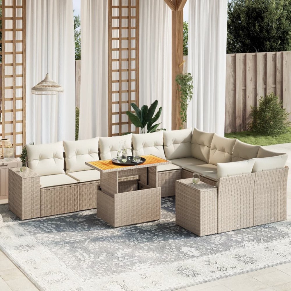 vidaXL Soffgrupp för trädgård med dynor 10 delar beige konstrotting