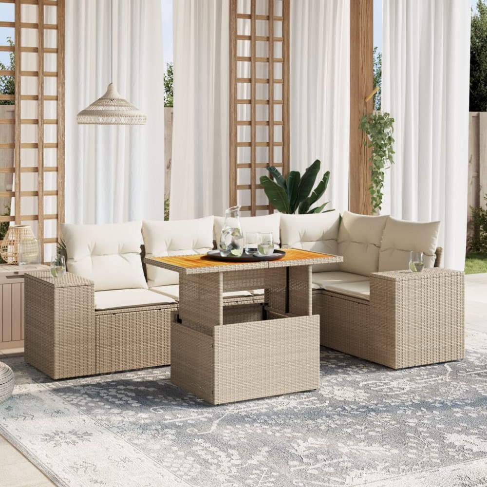 vidaXL Soffgrupp för trädgården med dynor 6 delar beige konstrotting