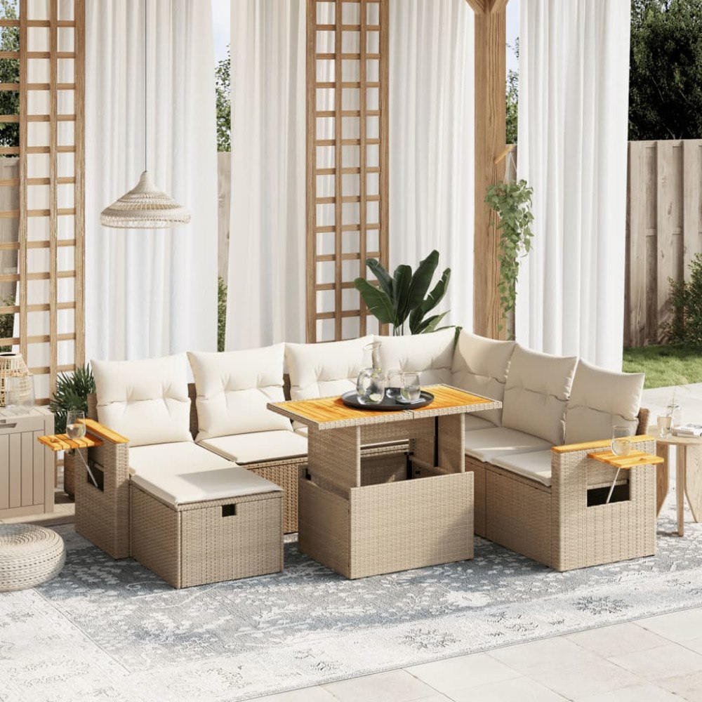 vidaXL Matgrupp för trädgården med dynor 8 delar beige konstrotting