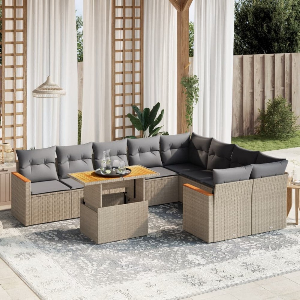 vidaXL Soffgrupp för trädgård med dynor 10 delar beige konstrotting