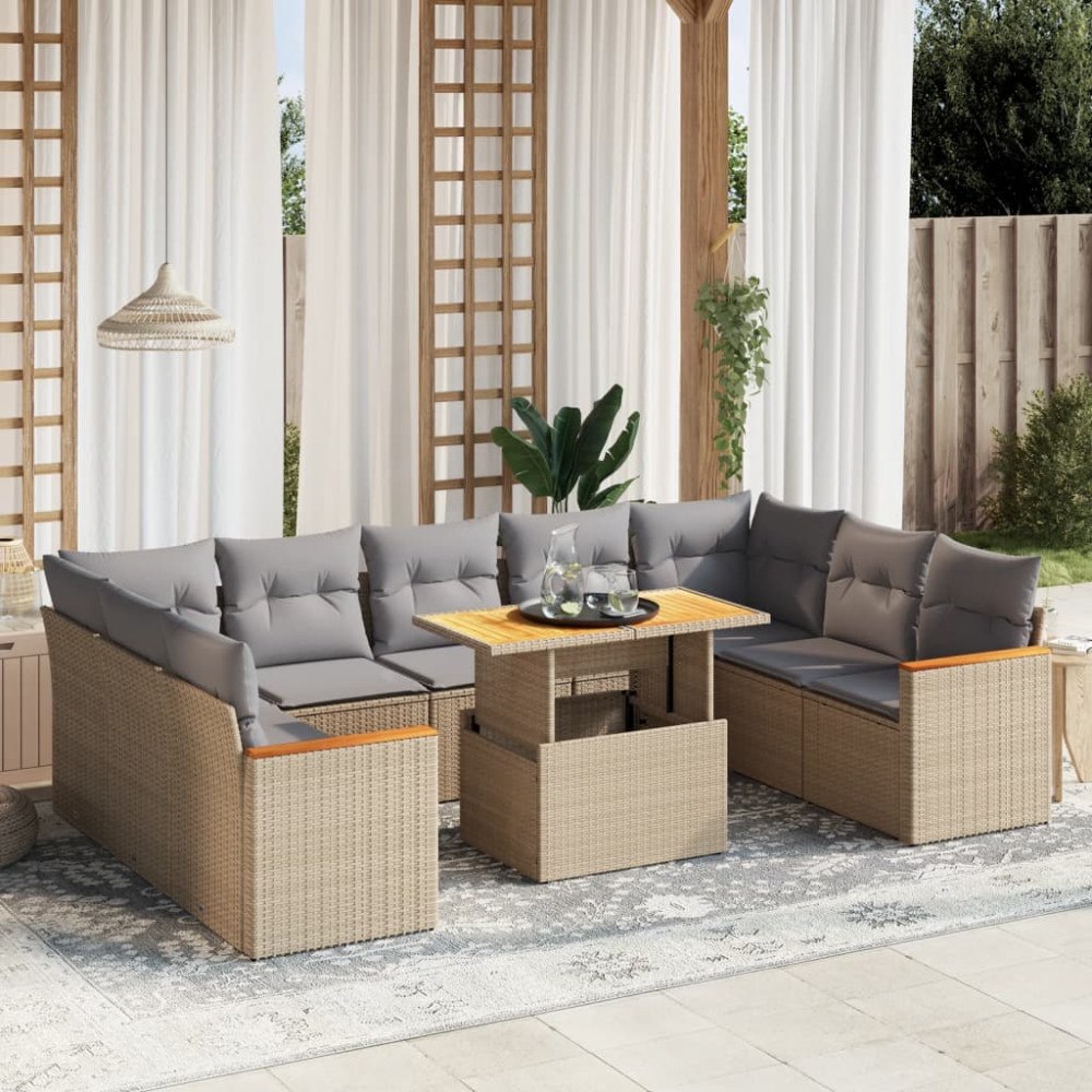 vidaXL Soffgrupp för trädgård med dynor 10 delar beige konstrotting