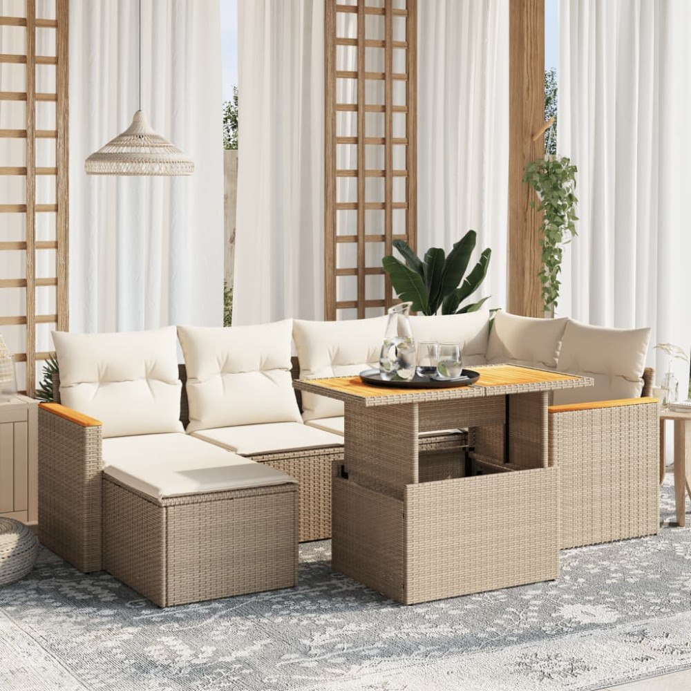 vidaXL Matgrupp för trädgården med dynor 7 delar beige konstrotting