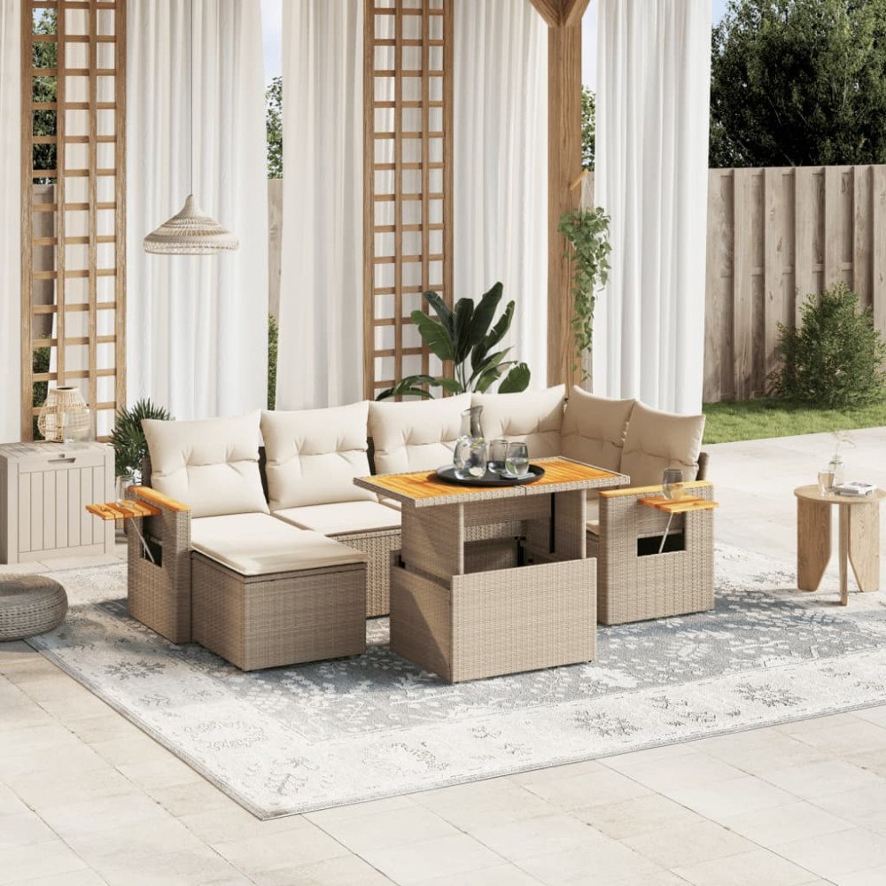 vidaXL Matgrupp för trädgården med dynor 7 delar beige konstrotting