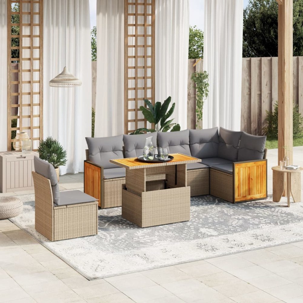 vidaXL Matgrupp för trädgården med dynor 7 delar beige konstrotting