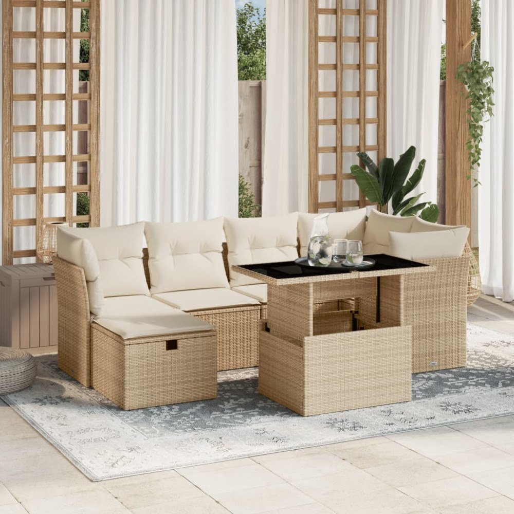 vidaXL Matgrupp för trädgården med dynor 7 delar beige konstrotting