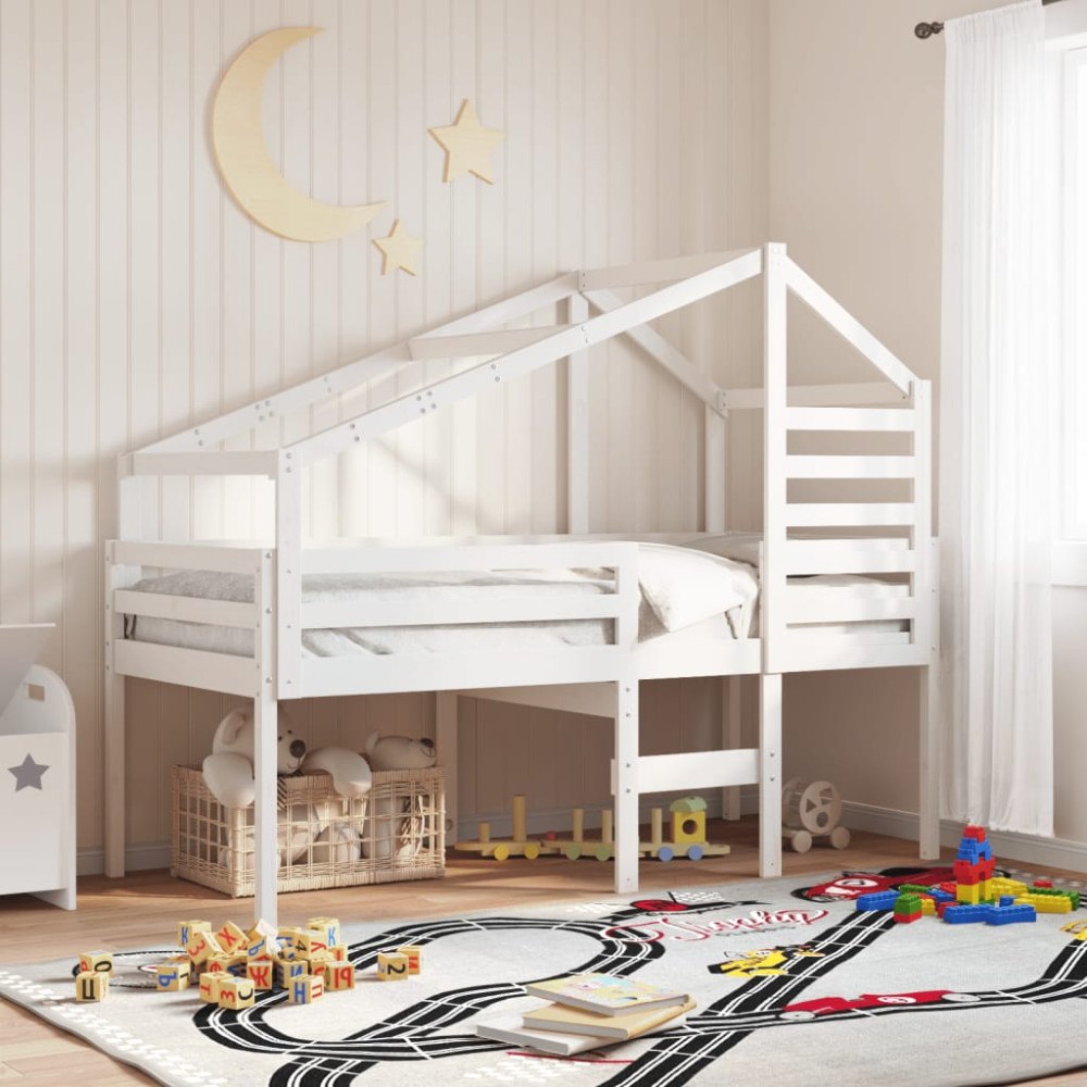 vidaXL Hög säng med tak vit 90x200 cm massiv furu