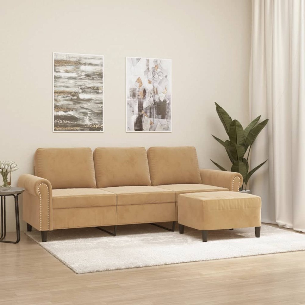 vidaXL 3-sitssoffa med fotpall brun 180 cm sammet