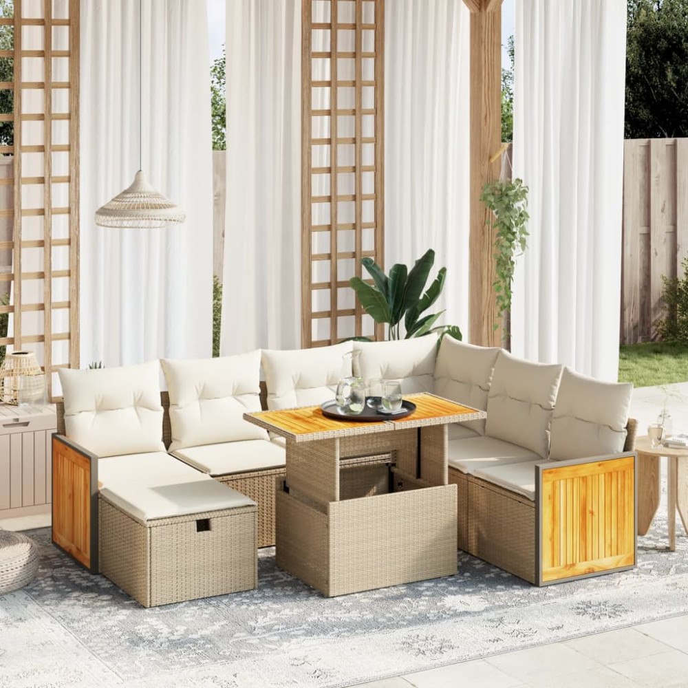 vidaXL Matgrupp för trädgården med dynor 8 delar beige konstrotting