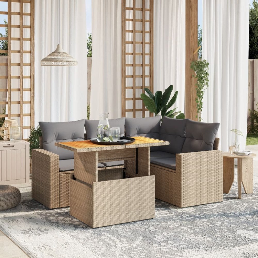 vidaXL Soffgrupp för trädgården med dynor 5 delar beige konstrotting