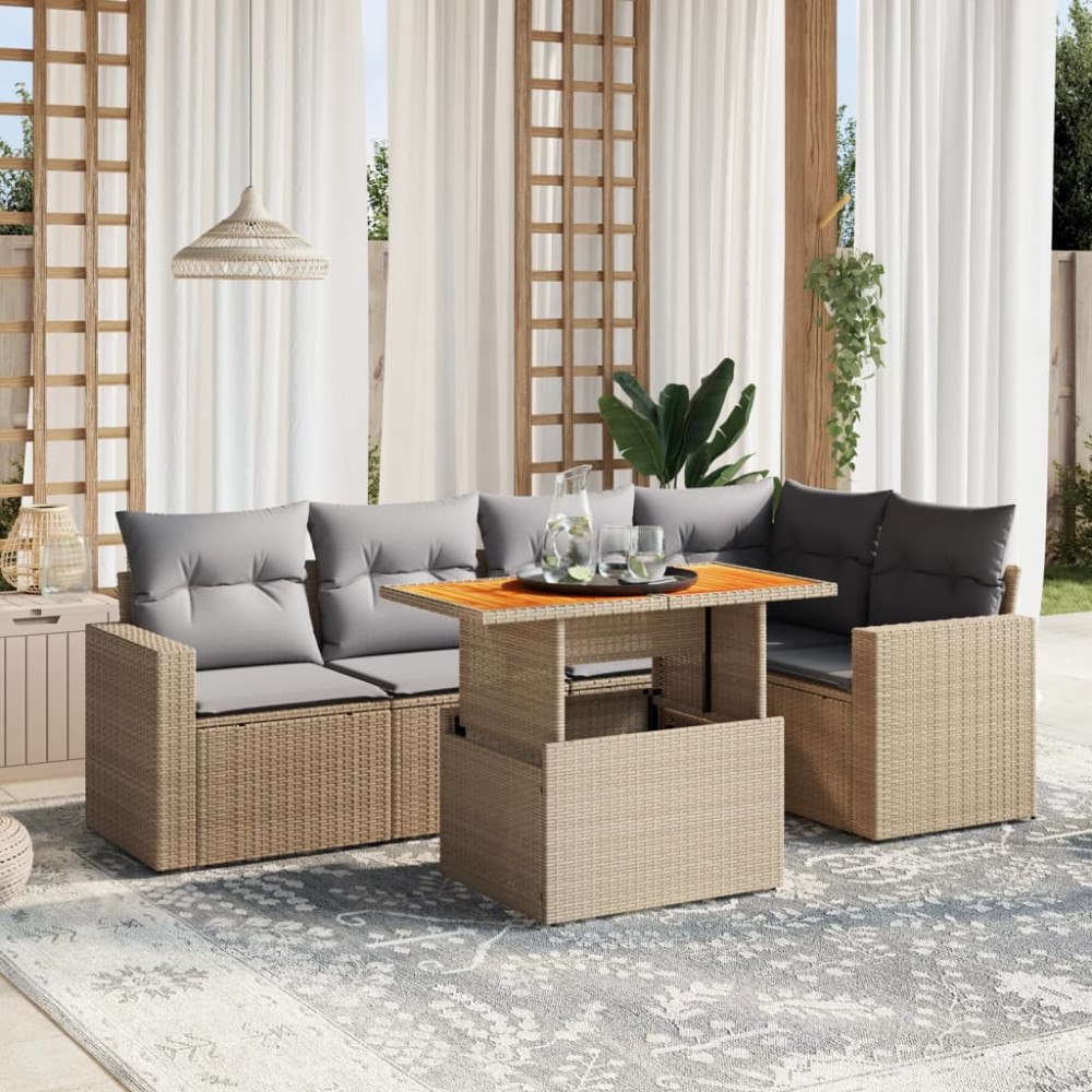 vidaXL Soffgrupp för trädgården med dynor 6 delar beige konstrotting