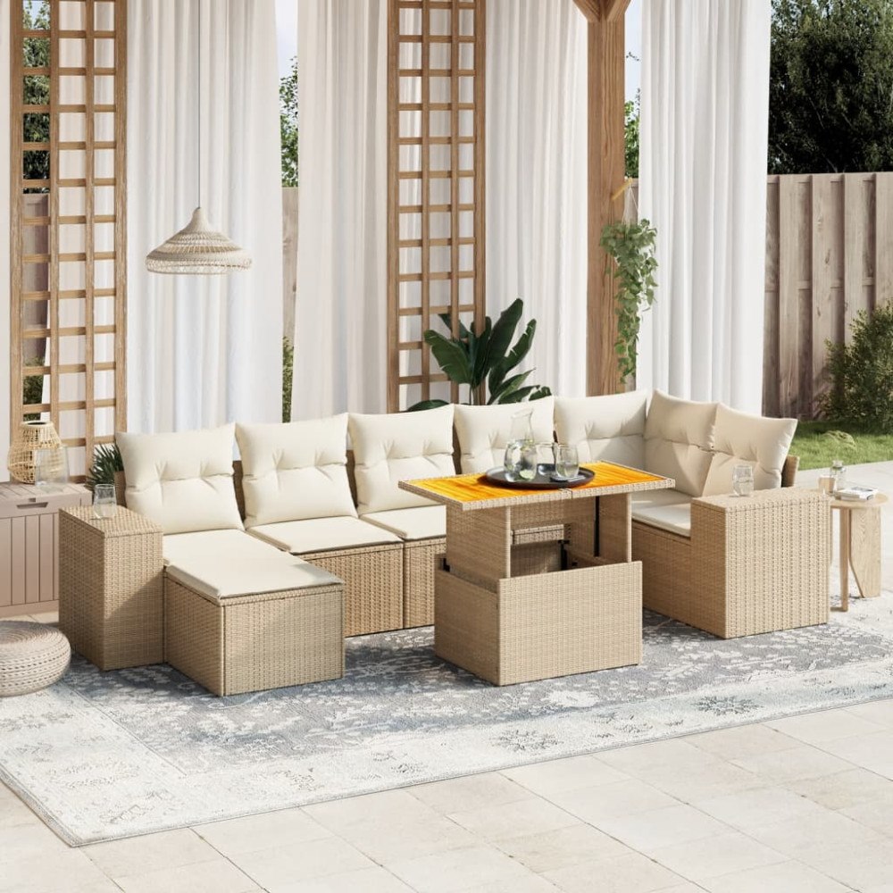 vidaXL Matgrupp för trädgården med dynor 8 delar beige konstrotting