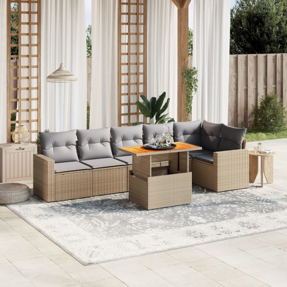 vidaXL Matgrupp för trädgården med dynor 7 delar beige konstrotting