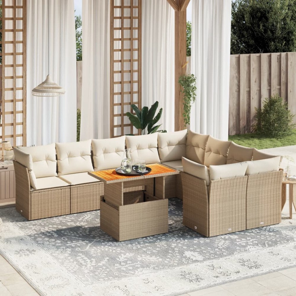 vidaXL Soffgrupp för trädgård med dynor 10 delar beige konstrotting