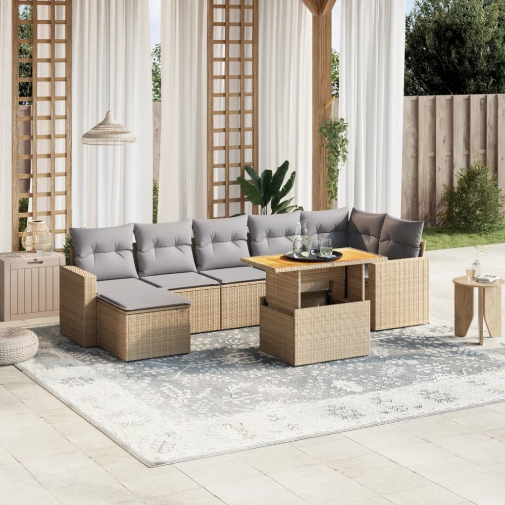 vidaXL Matgrupp för trädgården med dynor 8 delar beige konstrotting