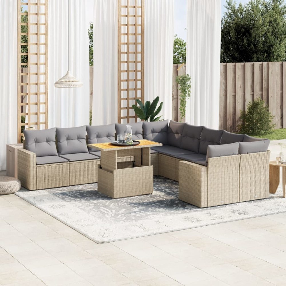 vidaXL Loungegrupp för trädgården m. dynor 11 delar beige konstrotting