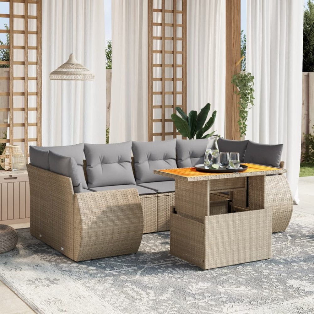vidaXL Matgrupp för trädgården med dynor 7 delar beige konstrotting