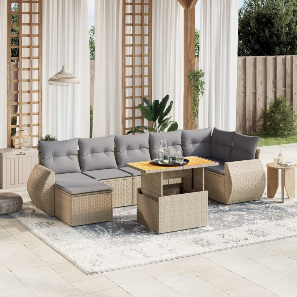 vidaXL Matgrupp för trädgården med dynor 8 delar beige konstrotting