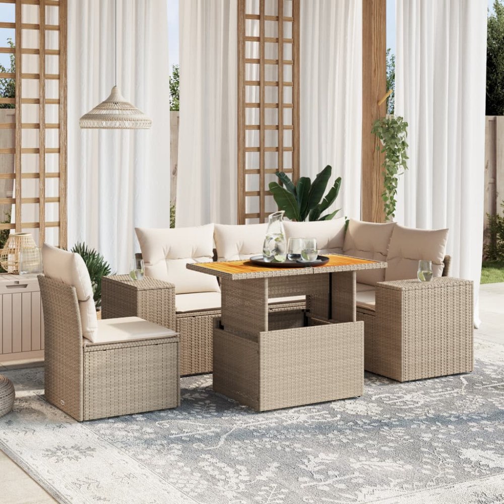 vidaXL Soffgrupp för trädgården med dynor 6 delar beige konstrotting
