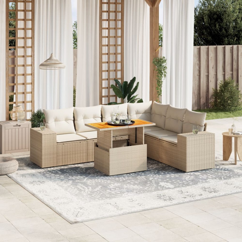 vidaXL Matgrupp för trädgården med dynor 7 delar beige konstrotting