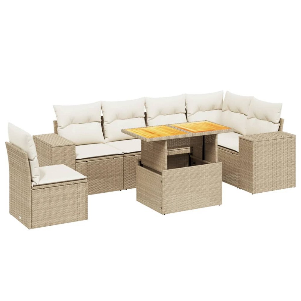 vidaXL Matgrupp för trädgården med dynor 7 delar beige konstrotting