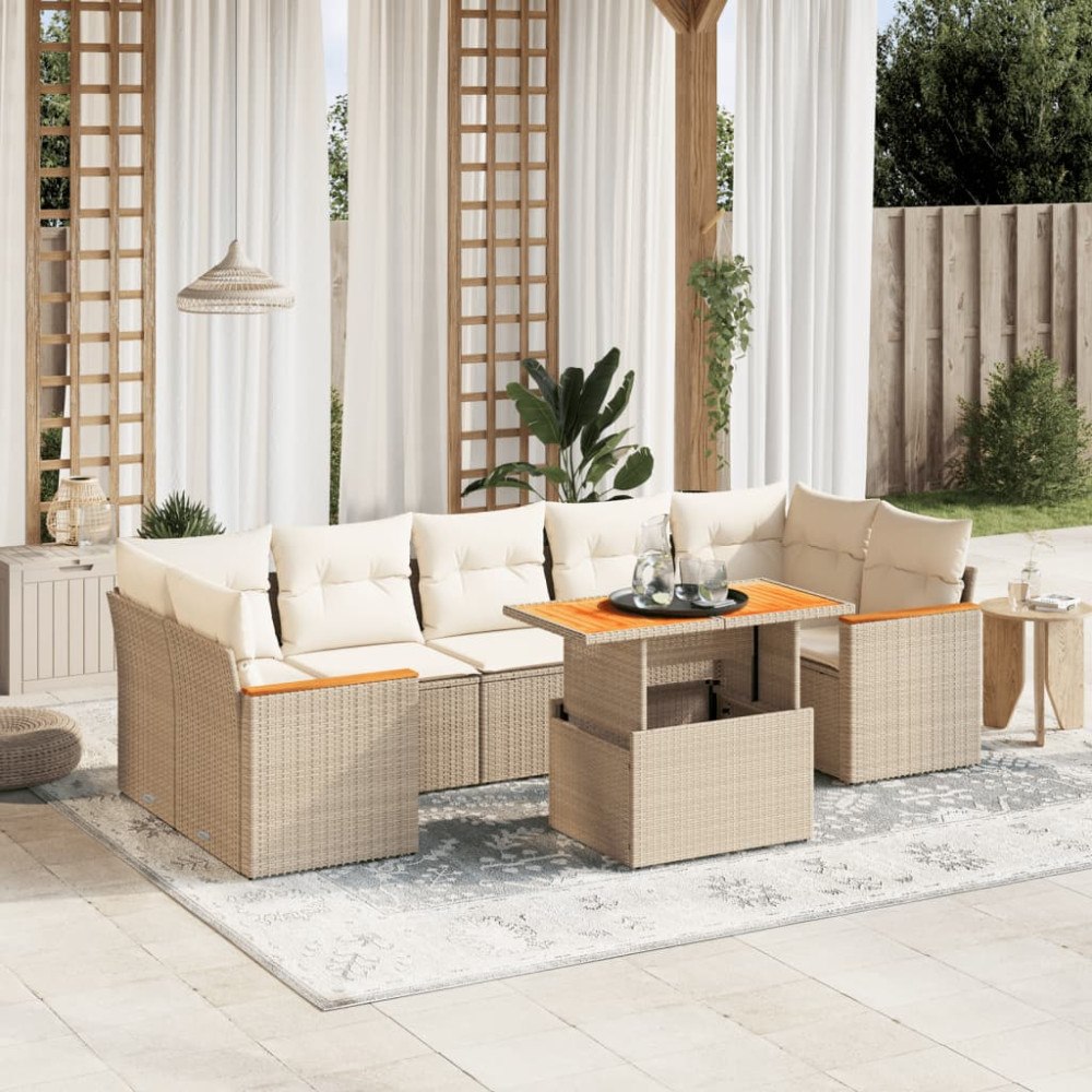 vidaXL Matgrupp för trädgården med dynor 8 delar beige konstrotting