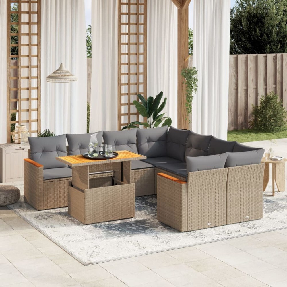 vidaXL Soffgrupp för trädgården med dynor 9 delar beige konstrotting