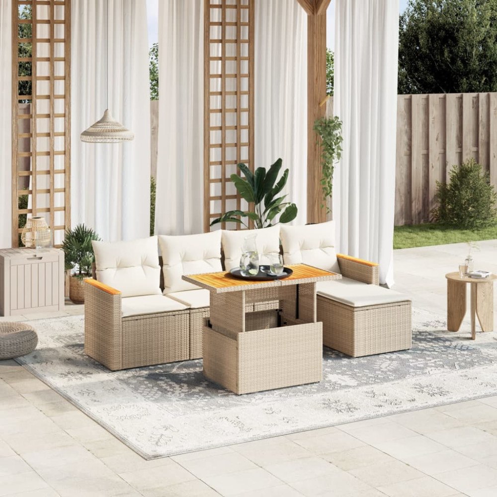 vidaXL Soffgrupp för trädgården med dynor 6 delar beige konstrotting