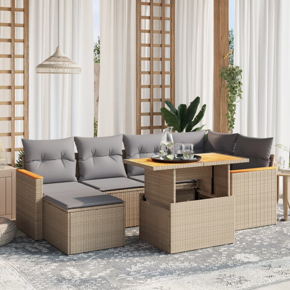 vidaXL Matgrupp för trädgården med dynor 7 delar beige konstrotting