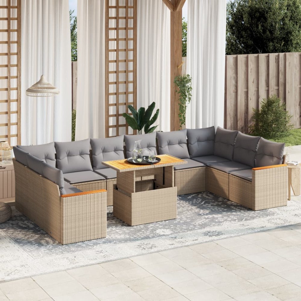 vidaXL Loungegrupp för trädgården m. dynor 11 delar beige konstrotting