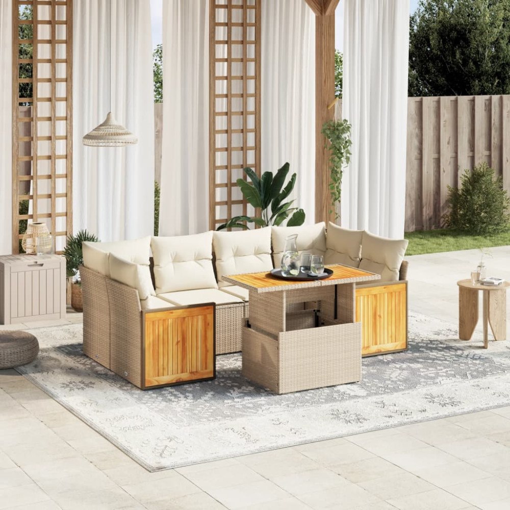 vidaXL Matgrupp för trädgården med dynor 7 delar beige konstrotting
