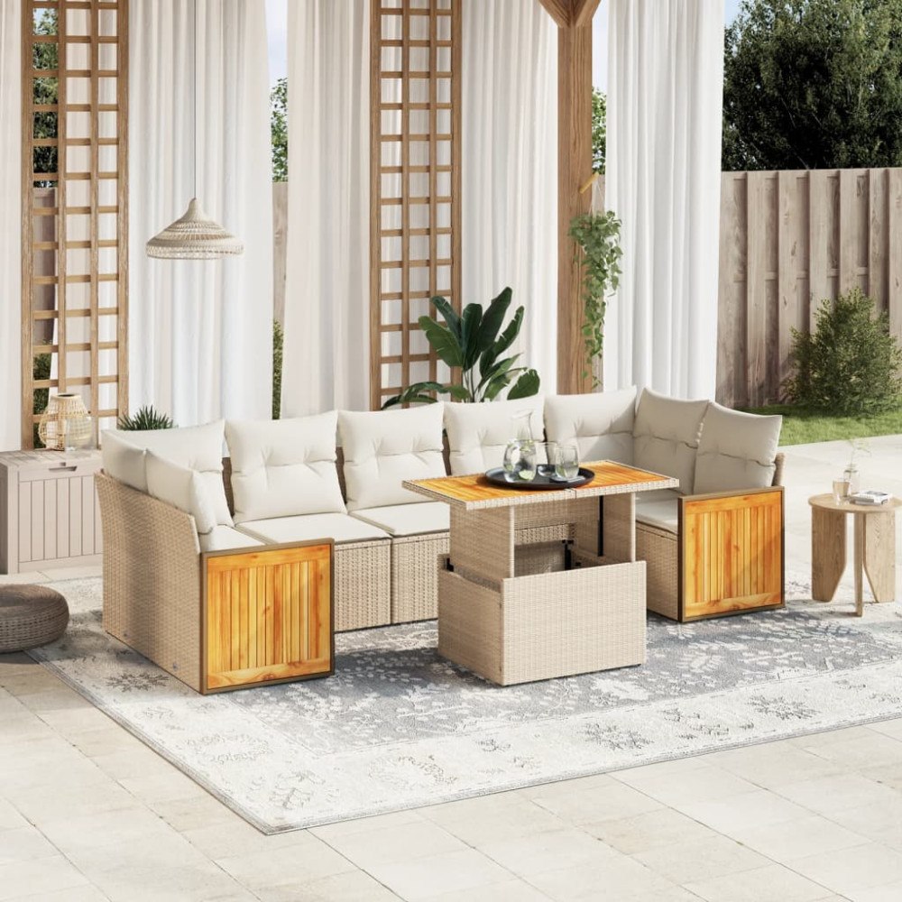 vidaXL Matgrupp för trädgården med dynor 8 delar beige konstrotting