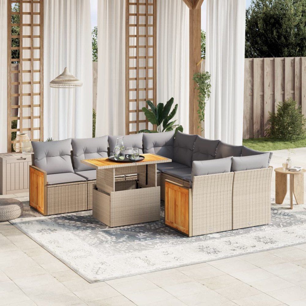 vidaXL Soffgrupp för trädgården med dynor 9 delar beige konstrotting