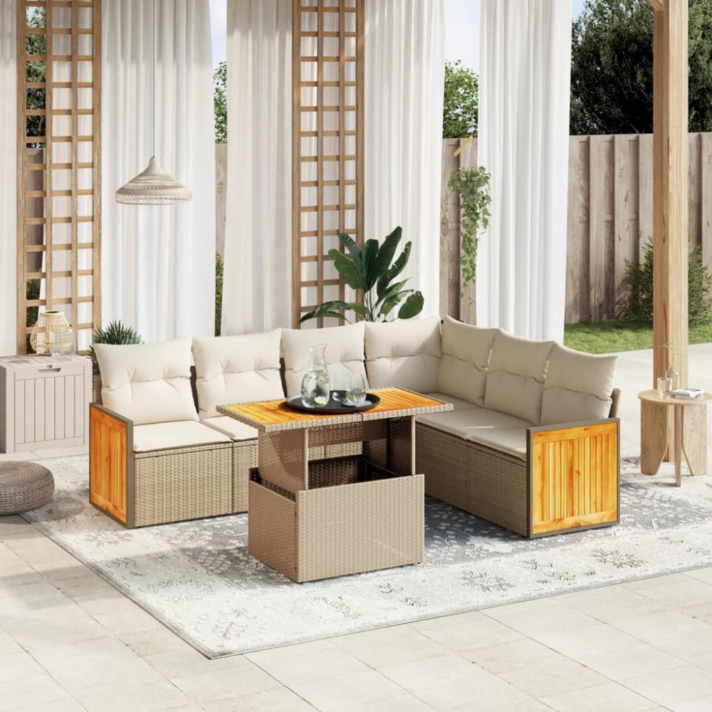 vidaXL Matgrupp för trädgården med dynor 7 delar beige konstrotting