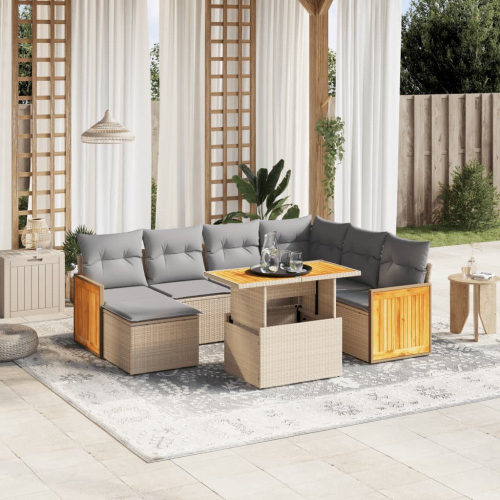 vidaXL Matgrupp för trädgården med dynor 8 delar beige konstrotting