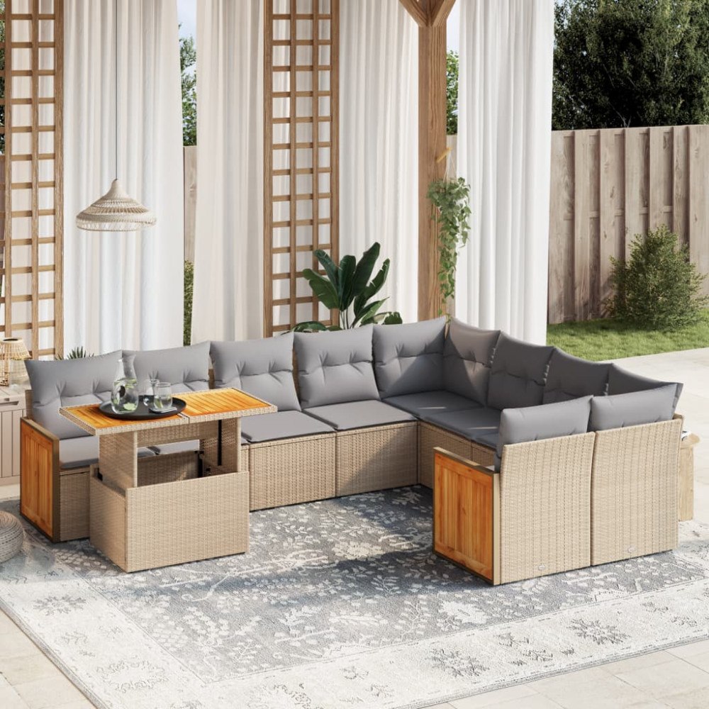 vidaXL Soffgrupp för trädgård med dynor 10 delar beige konstrotting