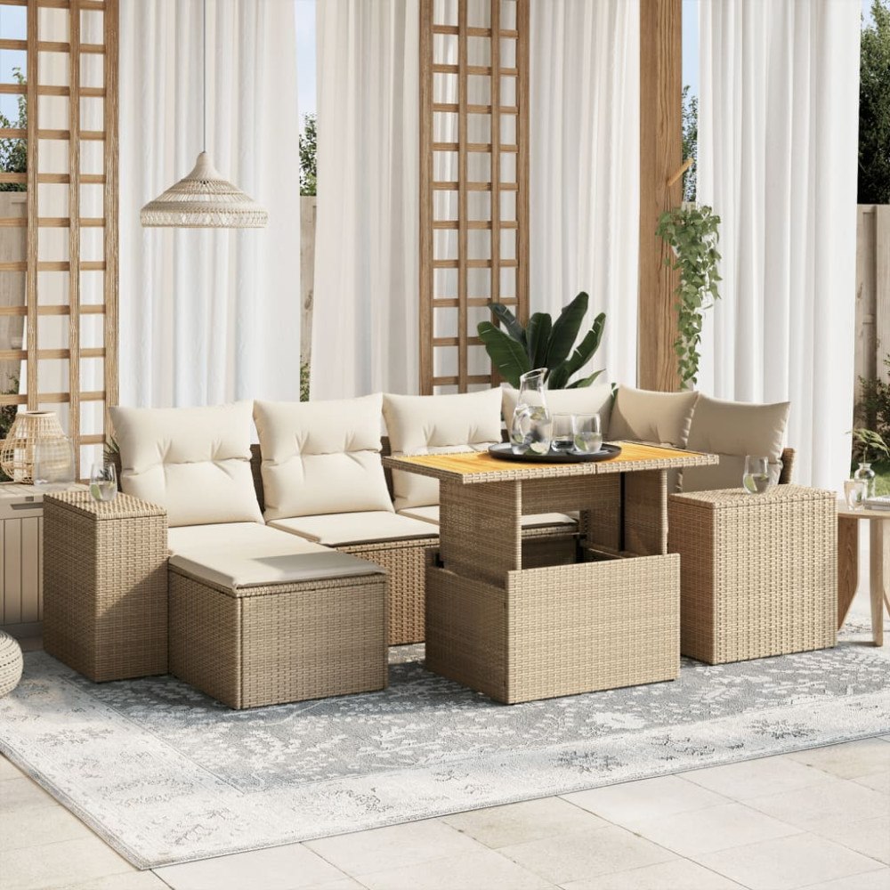 vidaXL Matgrupp för trädgården med dynor 7 delar beige konstrotting