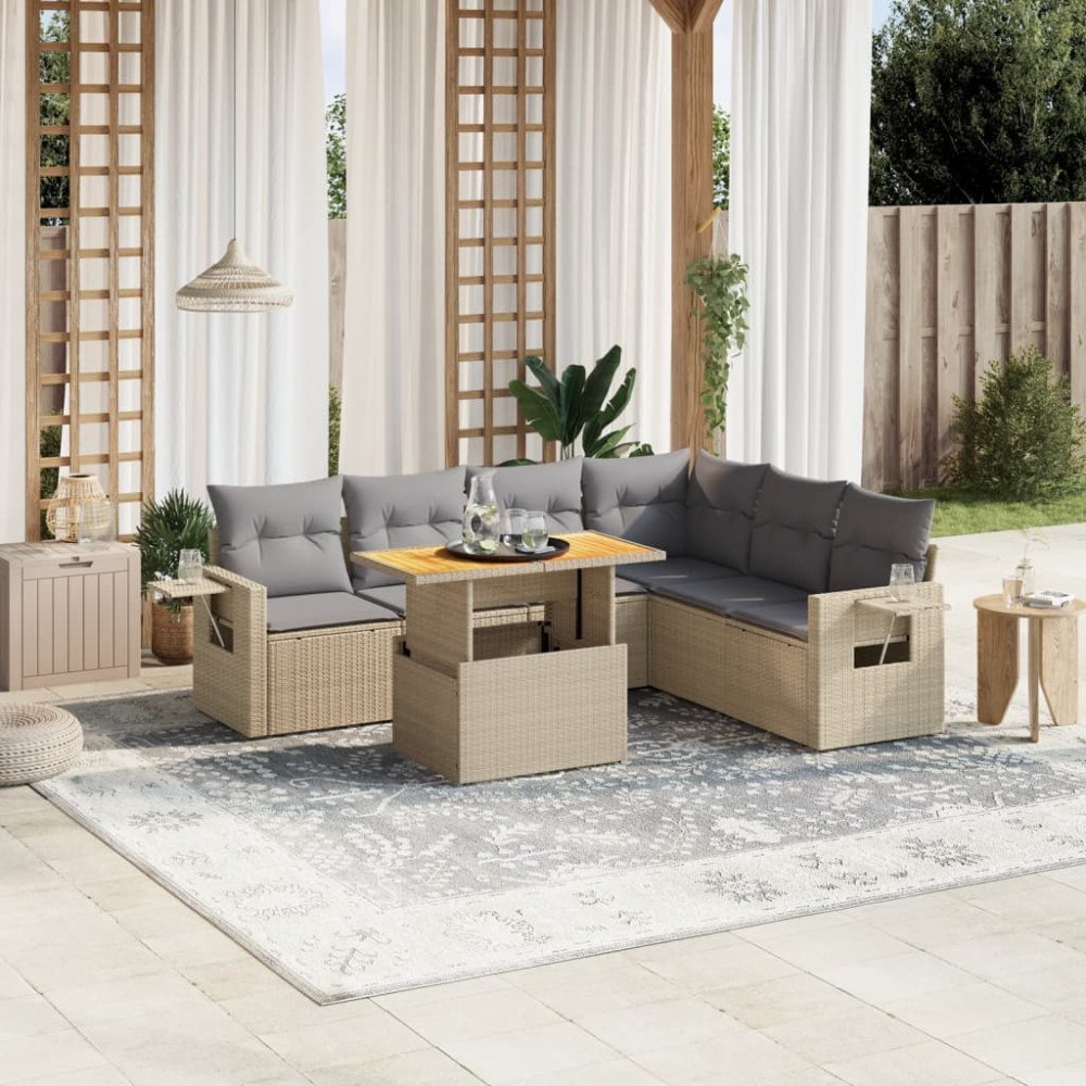vidaXL Matgrupp för trädgården med dynor 7 delar beige konstrotting