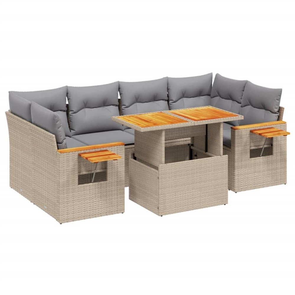 vidaXL Matgrupp för trädgården med dynor 7 delar beige konstrotting