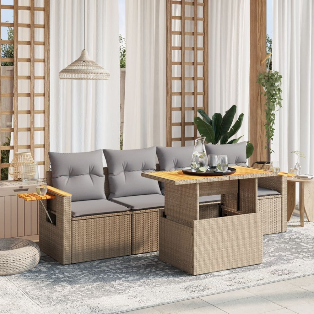 vidaXL Soffgrupp för trädgården med dynor 5 delar beige konstrotting