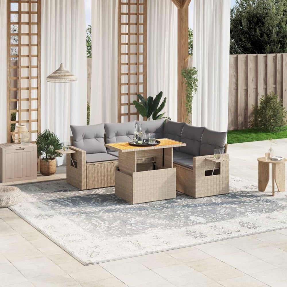 vidaXL Soffgrupp för trädgården med dynor 6 delar beige konstrotting