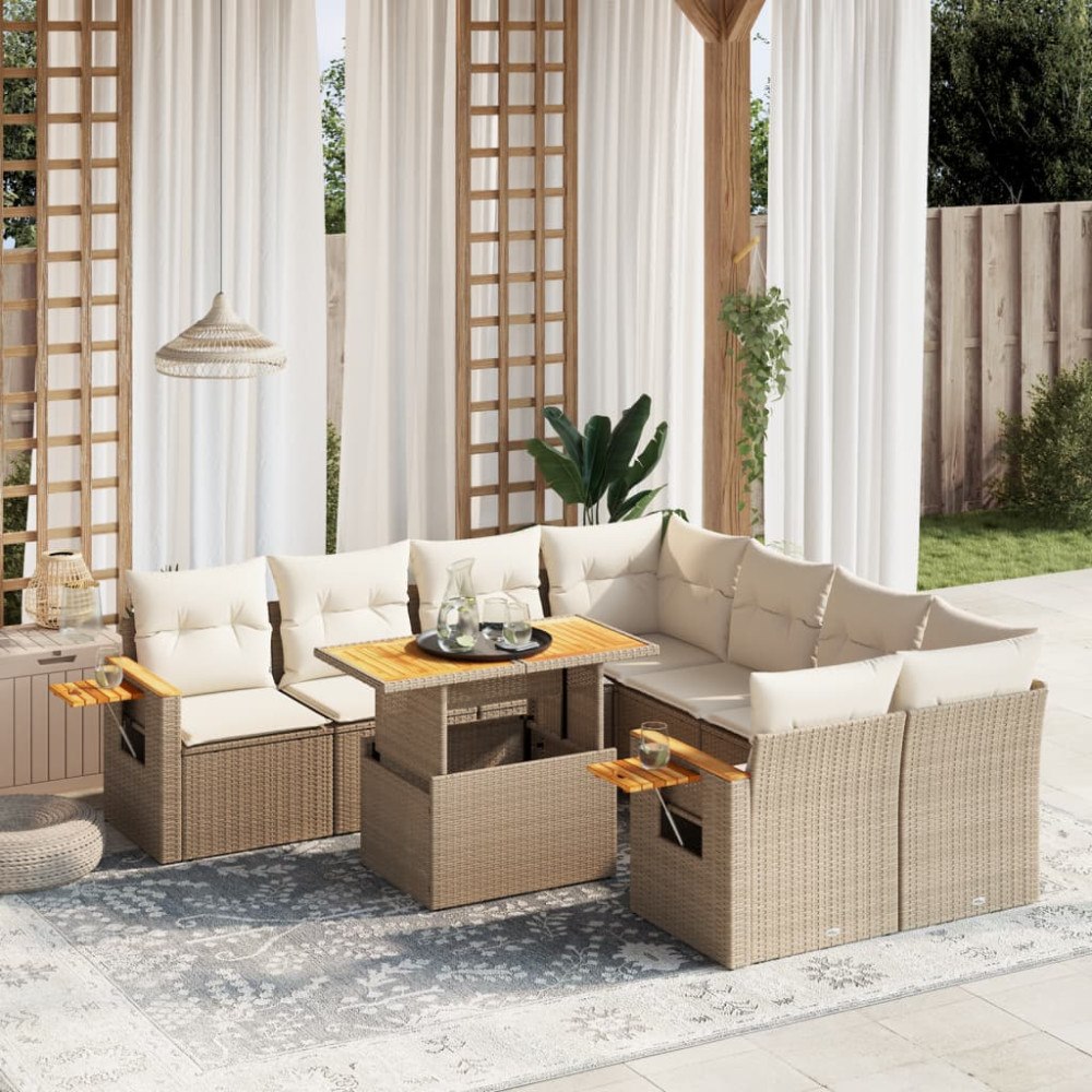 vidaXL Soffgrupp för trädgården med dynor 9 delar beige konstrotting