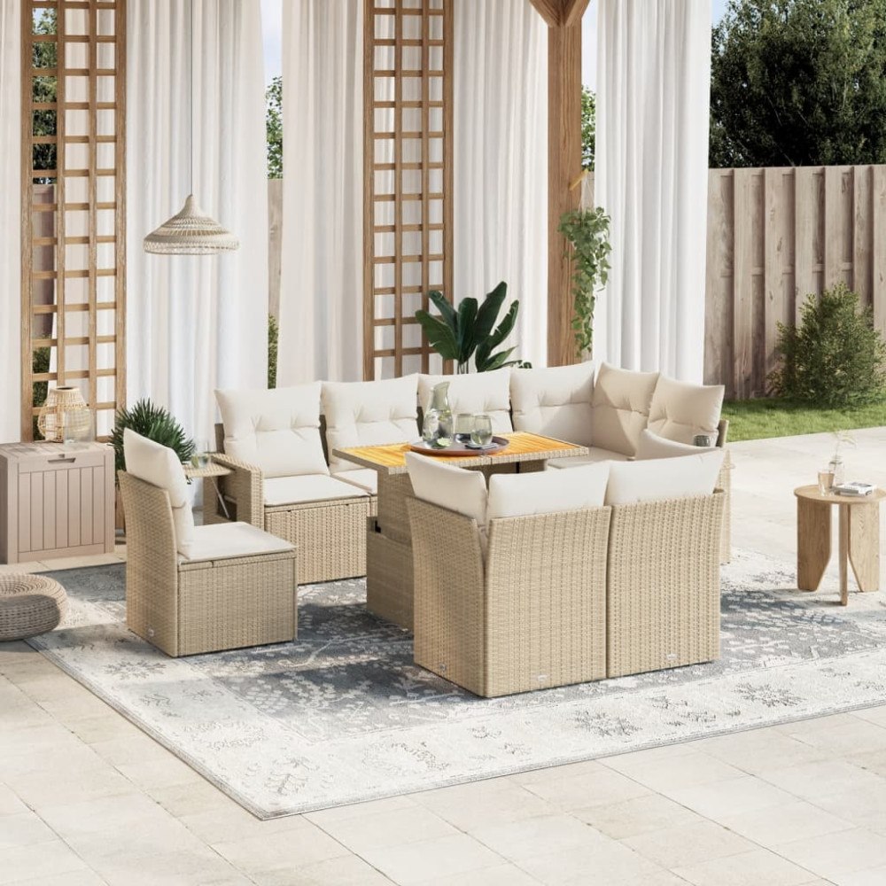 vidaXL Soffgrupp för trädgården med dynor 9 delar beige konstrotting