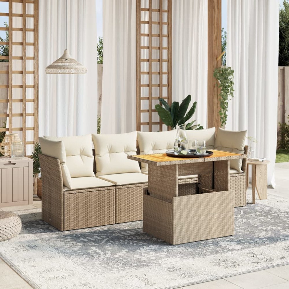 vidaXL Soffgrupp för trädgården med dynor 5 delar beige konstrotting