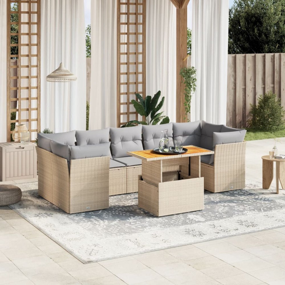vidaXL Matgrupp för trädgården med dynor 8 delar beige konstrotting