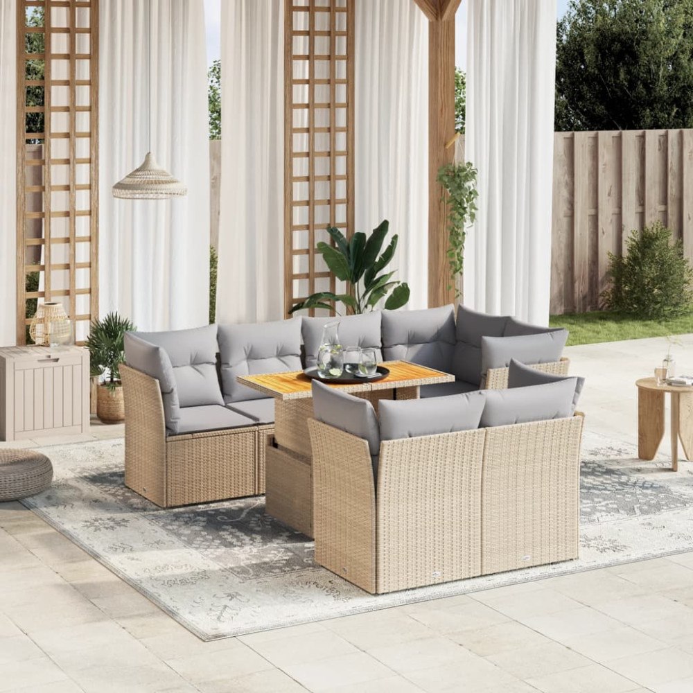 vidaXL Matgrupp för trädgården med dynor 8 delar beige konstrotting
