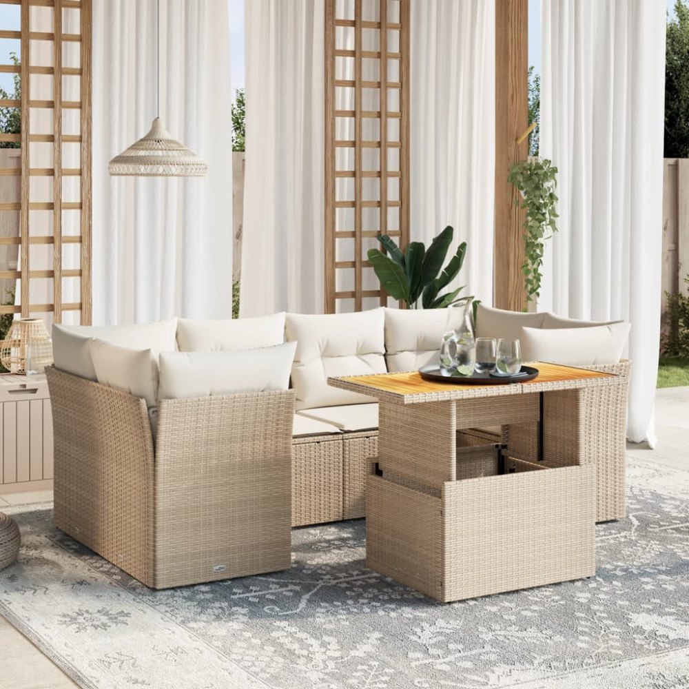 vidaXL Matgrupp för trädgården med dynor 7 delar beige konstrotting