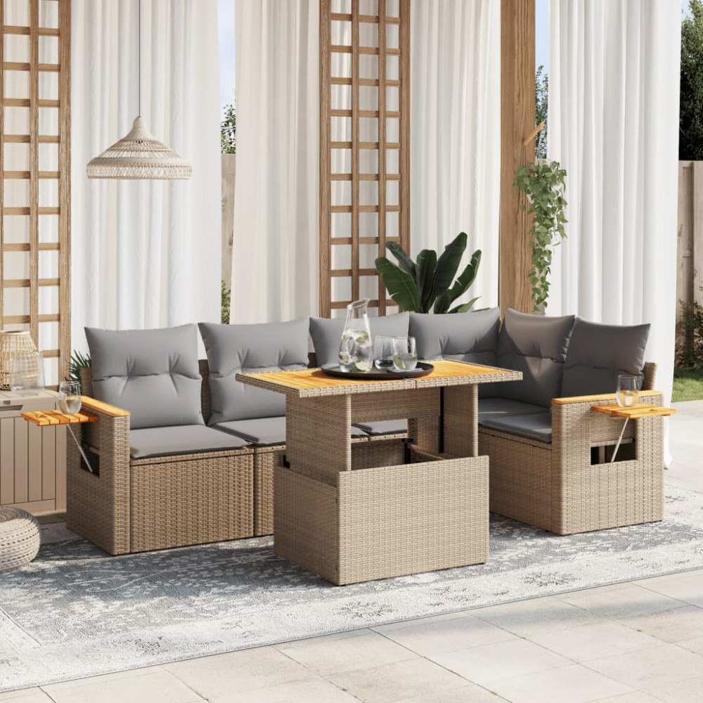 vidaXL Soffgrupp för trädgården med dynor 6 delar beige konstrotting
