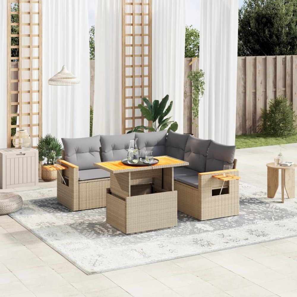 vidaXL Soffgrupp för trädgården med dynor 6 delar beige konstrotting