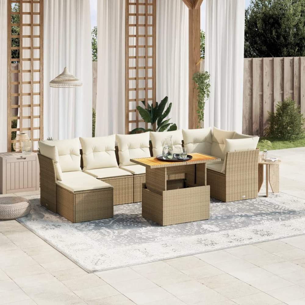 vidaXL Matgrupp för trädgården med dynor 8 delar beige konstrotting