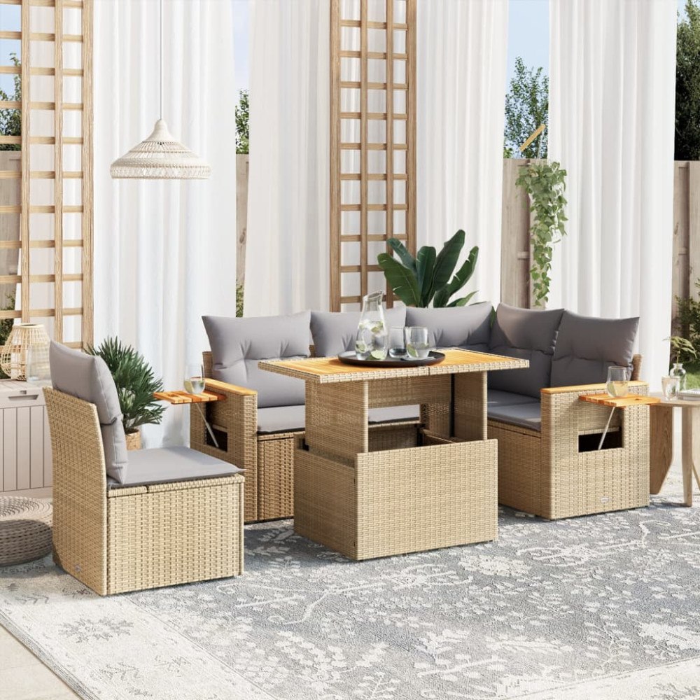 vidaXL Soffgrupp för trädgården med dynor 6 delar beige konstrotting